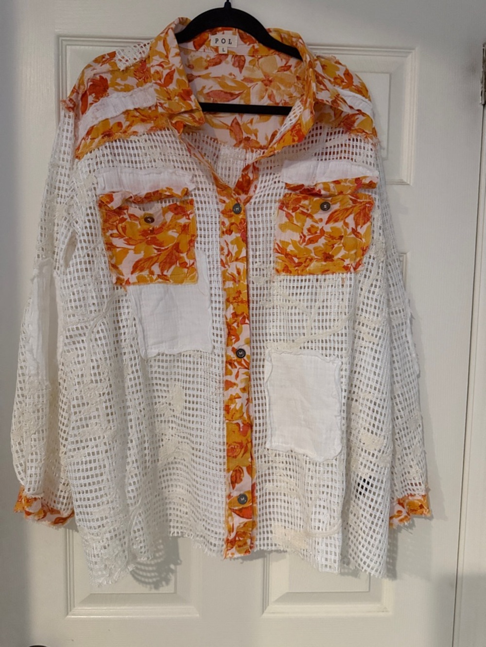 POL White Crochet Shirt with Orange Floral Trim flowy vacation vibes airey hobo